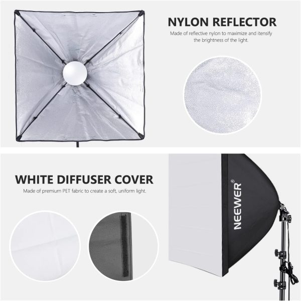 NEEWER 700W Equivalent Softbox Lighting Kit, 2Pack UL Certified 5700K LED Lighting Bulbs, 24x24 inches Softboxes with E26 Socket, Photography Continuous Lighting Kit Photo Studio Equipment - Image 4
